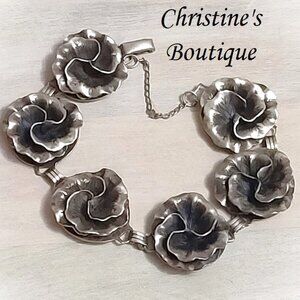 Rose motif bracelet, vintage sterling silver, signed designer, DANCRAFT